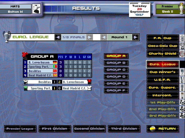 The Euro League group stage screen with the group table and that round's results