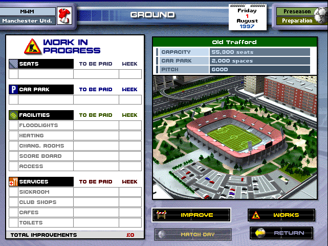 The GROUND screen with the work-in-progress panel, capacity, car park and the stadium picture