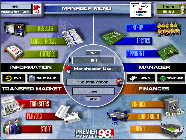The MANAGER MENU career hub of Premier Manager 98