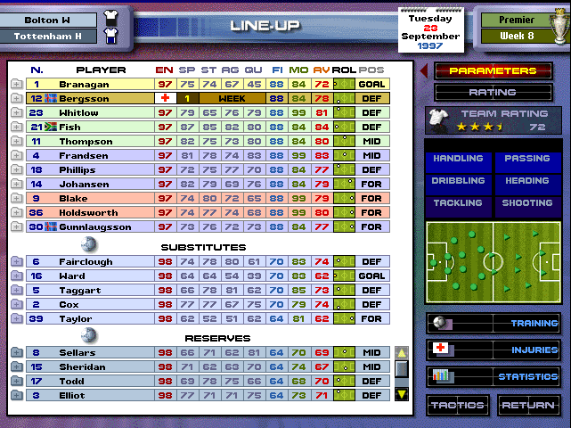 The LINE-UP screen with the squad, ratings, the chosen XI and the mini-pitch
