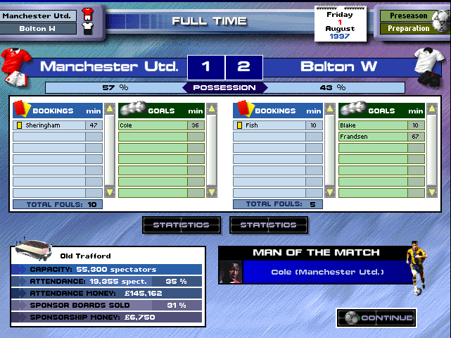 The FULL TIME result read-out with goals, possession and man of the match