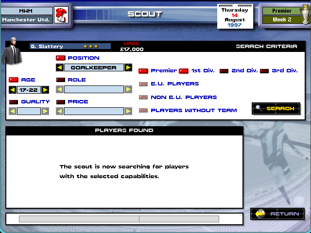 The SCOUT screen with search criteria and the players-found panel