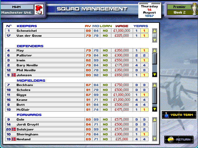 The SQUAD MANAGEMENT screen listing the squad with wages and contract years