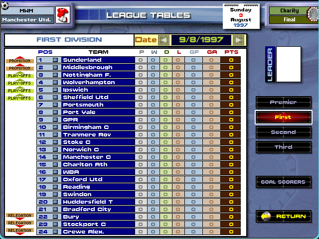 The LEAGUE TABLES screen showing the First Division