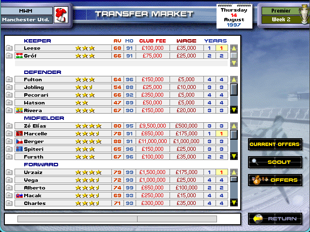 The TRANSFER MARKET screen listing players with club fee and wage